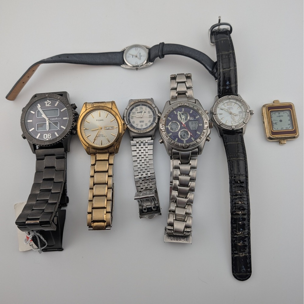 7 Watch Repair Lot Caravelle Pulsar Timex Skagen Invicta Running With Issues